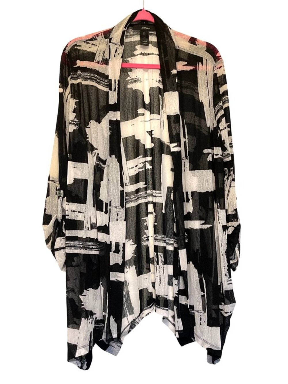 Ali Miles Abstract Print Lightweight Cardigan With Roll Tab Sleeves & Button-Up